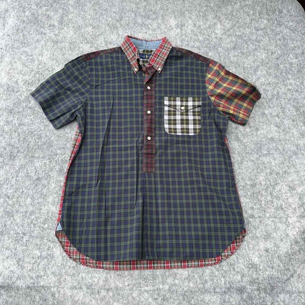 Polo Ralph Lauren Patchwork Plaid Shirt Mens Medium Henley Button Up Green - Picture 15 of 15